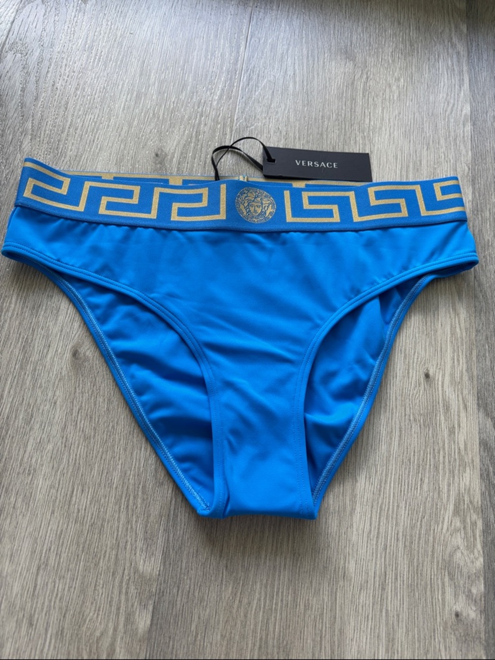 Versace Swimwear Teal Bikini Bottom with Gold Medusa Design Size 4/US: Large